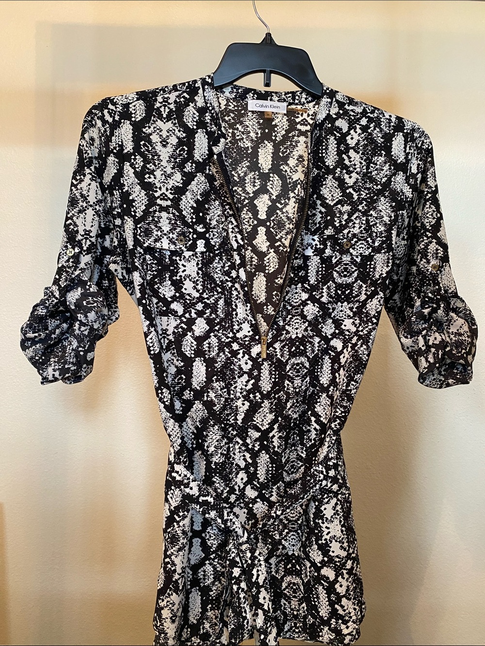 Calvin Klein Black & White Snake-Print Tunic with V-Zip and Tie Waist